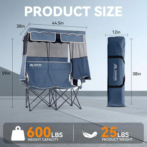 Vista 3 de Double Camping Chair with Canopy,2 Person Folding Chair with Canopy, Blue Heavy Duty Camping Chair with Two Cup Holders and Side Pocket, Portable