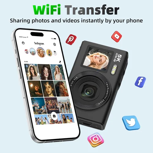 Vista 7 de Cámaras digitales 5K 80MP para fotografía con trípode 2 baterías 64GB Dual Screen Autofocus Vlogging Camera for YouTube,Compact Point and Shoot