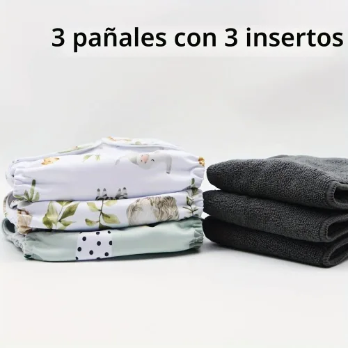Vista 2 de 3 unidades de pañales de tela reutilizables con diseño de sujetadores de gancho y bucle con 3 insertos de microfiador (estampados de animales)