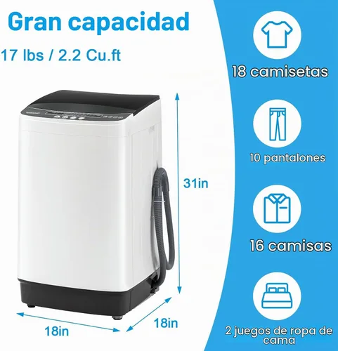 Vista 3 de Lavadora portátil de 17 libras con 10 programas de lavado, 2.2 pies cúbicos de lavadora automática completa y giratoria, lavadora giratoria compacta