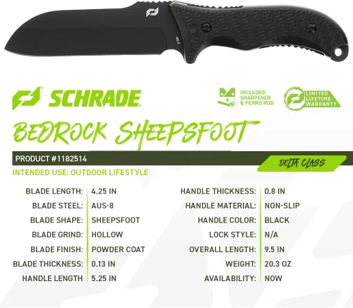 Vista 4 de Schrade Delta Class Bedrock Sheepsfoot Fixed Blade with 10.4in Stainless Steel Blade, TPE Handle for Outdoor Survival, Camping, Bushcraft