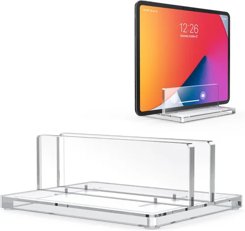 Vista 10 de OMOTON Soporte vertical para laptop para escritorio, soporte de acrílico para computadora portátil transparente ajustable para MacBook Pro Air, HP