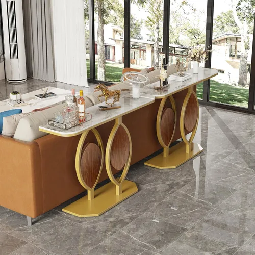 Vista 9 de Wisfor Mesa consola de piedra sinterizada: mesa de entrada blanca con marco dorado - Lujosa mesa auxiliar de sofá estrecha - Mesa larga para pasillo