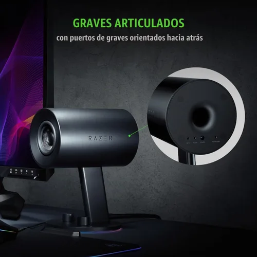 Vista 4 de Razer Nommo Chroma: Controladores de fibra de vidrio tejida personalizada de 3" - Puertos de graves orientados hacia atrás - Perilla de graves