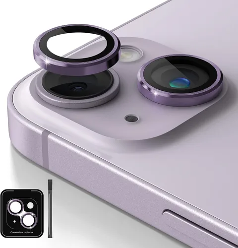 Vista 9 de Protector de lente de cámara de diseño para iPhone 14 Plus/iPhone 14 – Bandeja automática de aleación de aluminio más 9H protector de pantalla