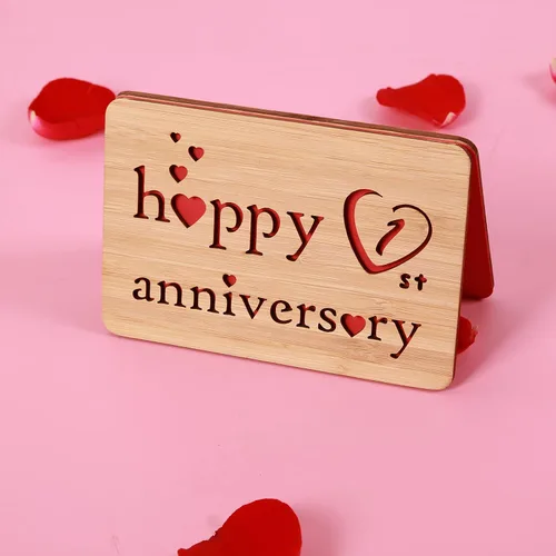 Vista 4 de Tarjeta de felicitación de madera para el primer aniversario, hecha a mano, 1 año, aniversario de boda, tarjeta de primer aniversario para ella, él