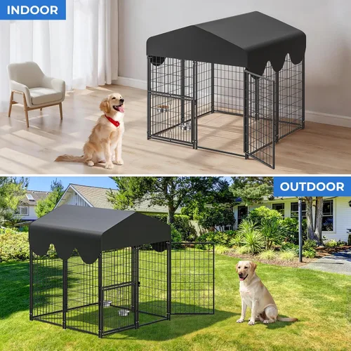 Vista 9 de Perrera para exterior de 4 x 4.2 x 4.5 pies, corral resistente de metal para perros con puerta giratoria y 2 tazones ajustables, perrera