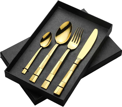 Vista 7 de 16-Piece Silverware,Service for 4，Serving Set,304 Stainless Steel Steak Knife, Fork and Spoon Hotel Creative Western Tableware Gift Set,Mirror Negro