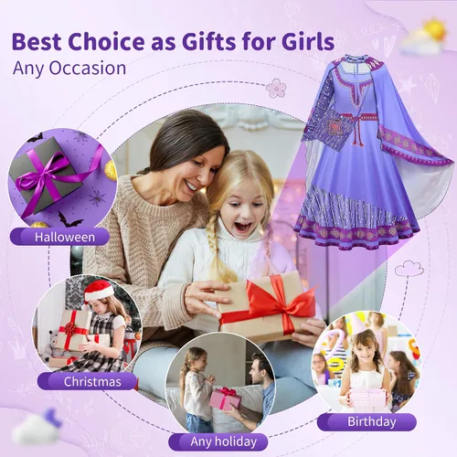 Vista 4 de Tibeha Wish Movie Asha Princess Costume for Girls, Kids Cosplay Christmas Party Dress Up Outfits