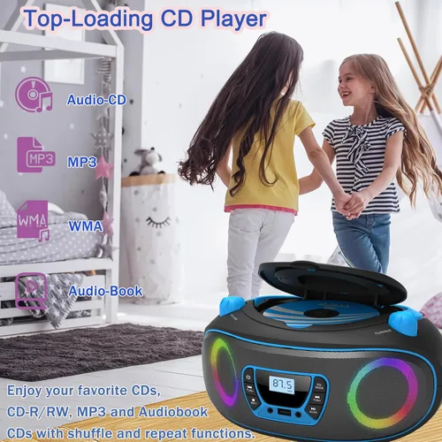 Vista 4 de Reproductor de radio portátil CD Boombox con Bluetooth, radio FM, reproducción de MP3 por USB, entrada AUX, conector para auriculares, compatible