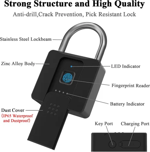 Vista 8 de Candado de huellas dactilares, Dhiedas Pad Lock con huella dactilar Bluetooth llave impermeable resistente cerradura de combinación para valla al