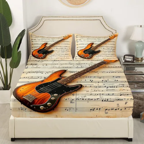 Vista 2 de Sábana bajera ajustable con estampado de guitarra, tamaño individual, protector de colchón con 1 funda de almohada, diseño de notas de partitura