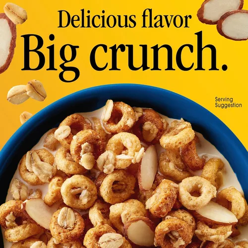 Vista 3 de Cheerios Cereal de desayuno de almendras crujientes de avena, hecho con grano entero, tamaño grande, 18.2 onzas 25% More Almonds, 30g Whole Grain
