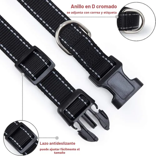 Vista 3 de Collar reflectante para perros con hebilla, collares de nailon ajustables de seguridad para perros pequeños, medianos y grandes, color negro XXS