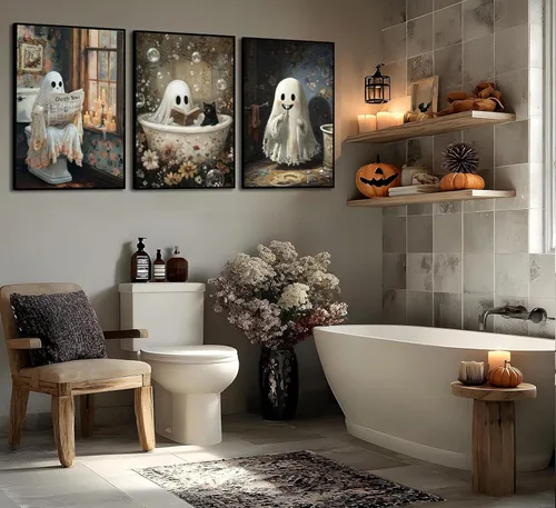 Vista 3 de 3 pósteres de fantasmas de Halloween, arte de pared, fantasmas de terror y gato negro en el baño, decoración de pared, imágenes góticas oscuras