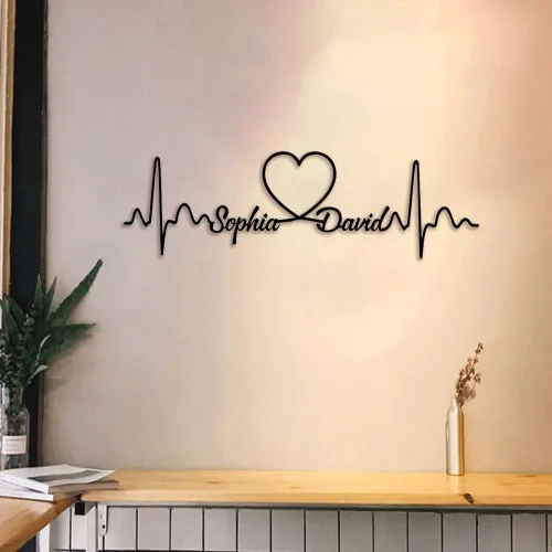 Vista 7 de Arte de pared de metal personalizado con latido del corazón, nombre de pareja, decoración de dormitorio, colgador de pared, regalo para él, letrero