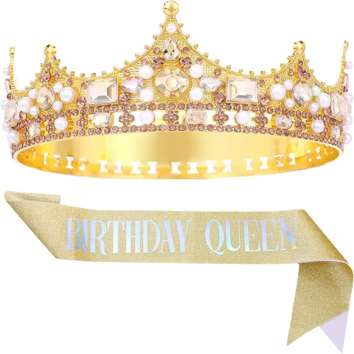 Vista 8 de FORSEVEN Corona de rey para hombre, tiaras de boda de perlas de cristal, para fiesta de cumpleaños, coronas redondas de Navidad Negro