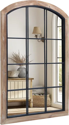 Vista 7 de Espejo de ventana de arco, 48 x 30 pulgadas, espejo de pared de arco de granja, espejo rústico con marco de madera, marco interior de metal, Natural