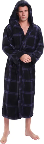 Vista 26 de KEMUSI Bata suave tipo herringbone con capucha para hombre, bata de spa de longitud completa, cómoda y cálida de noche Negro