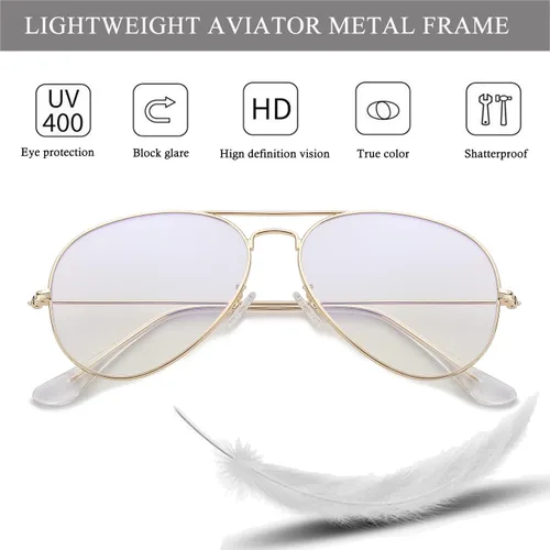 Vista 6 de HJSTES Gafas de Aviador con Lentes Transparentes de Luz Azul para Mujeres y Hombres, Montura de Piloto Clásica, Anteojos sin Prescripción