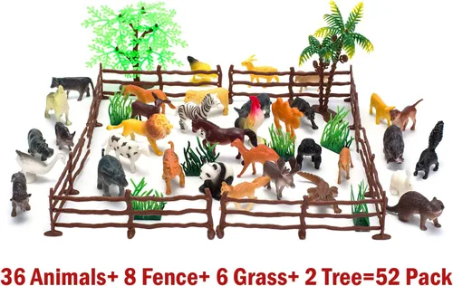 Vista 2 de Kimicare Figuras de animales, 52 piezas pequeñas pequeñas realistas de safari zoológico de plástico figuras de animales educativos de aprendizaje