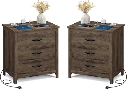 Vista 15 de VASAGLE Colección LIRY - Mesita de noche de granja con estación de carga, mesa de cabecera, mesa auxiliar con cajón, compartimento abierto
