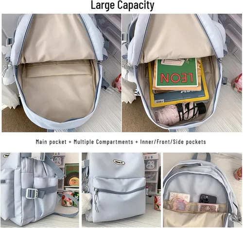 Vista 4 de Mochila Kawaii con bonito colgante de felpa, estética, casual, mochila de trabajo de viaje de 36 a 55 L, Azul, Moderno