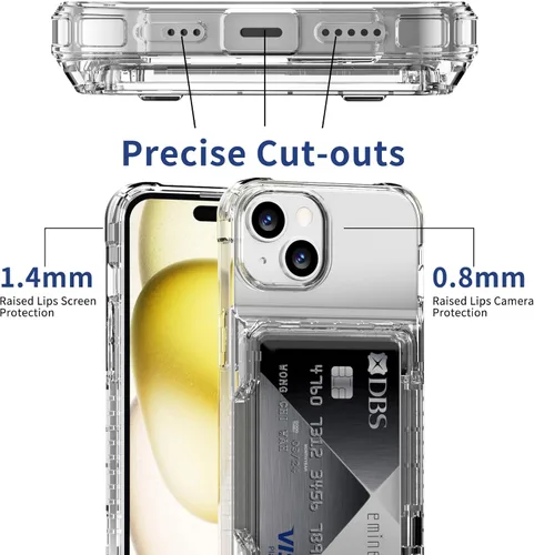 Vista 6 de ACANDYA Funda protectora transparente para iPhone 15 con tarjetero de crédito, protección resistente, antiarañazos, antiarañazos, amarilla