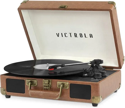 Vista 19 de VictrolaJugador de registro portátil de la maleta de Bluetooth de 3 velocidades de la vendimia con altavoces incorporados Built-in stereo