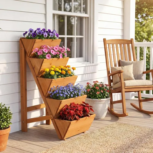 Vista 2 de Giantex Cama de jardín vertical elevada de madera de 5 niveles, soporte independiente para plantas con patas para hierbas, verduras y frutas, maceta