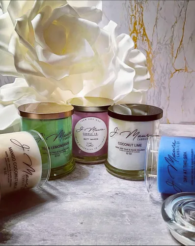 Vista 5 de J' Maure Candle Co. Velas de vidrio de roca de 100% soja de 12 onzas (algodón limpio), cera de soja, fragancia para el hogar, regalo de decoración