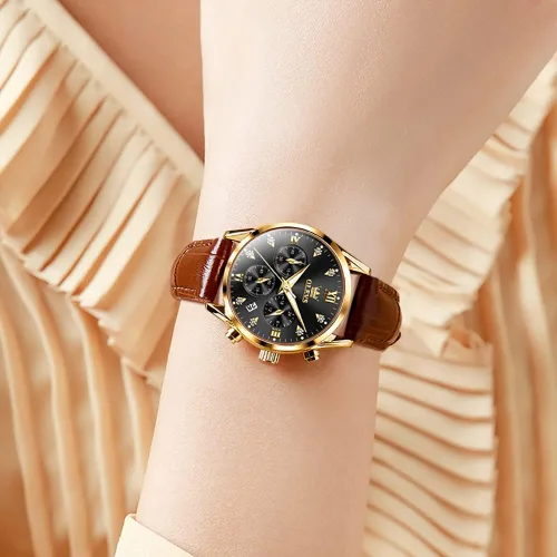 Vista 4 de OLEVS Reloj de pulsera para mujer, correa de cuero, reloj de cuarzo, cronógrafo, fecha, impermeable, luminoso, regalo para mujer