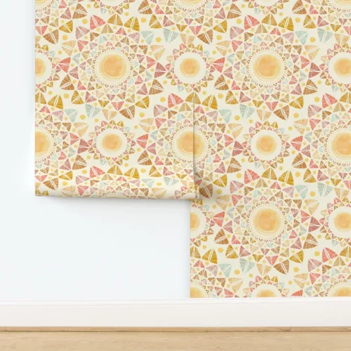 Vista 4 de Papel tapiz para despegar y pegar, acuarela hojas de sol, retro, geométrico, feliz sol, colorido, verano, papel tapiz extraíble personalizado por
