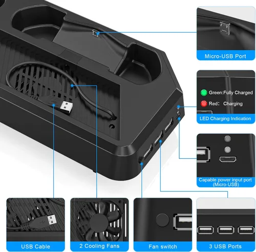 Vista 3 de Estación de carga de controlador para PS4PS4 SlimPS4 Pro, soporte vertical PS4 con estación de carga de doble controlador, ventilador