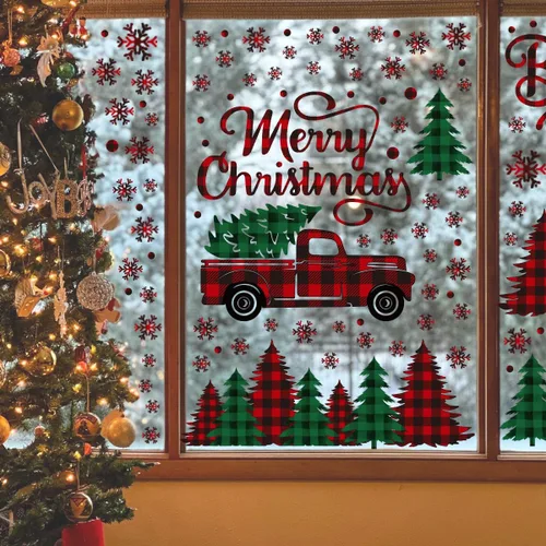 Vista 2 de Horaldaily 226 calcomanías de Navidad para ventana, árbol rojo y verde, camión de nieve para suministros de fiesta en casa, tienda, ventana