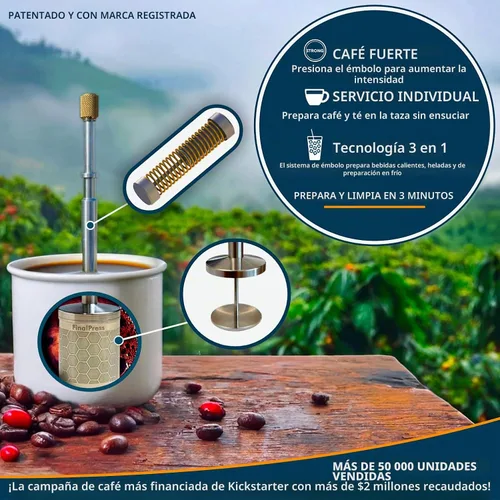 Vista 5 de FinalPress Cafetera y té original, prensa micro francesa portátil de acero inoxidable, tecnología patentada 3 en 1 para preparar bebidas calientes