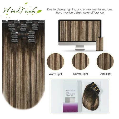 Vista 33 de WindTouch - Extensiones de cabello humano real con clip, color marrón claro a rubio con reflejos #6P613, 22 pulgadas, 4.33 onzas, 7 piezas #6p613