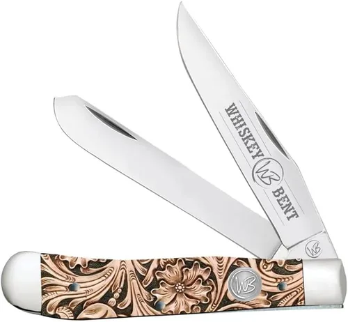 Vista 25 de WHISKEY BENT HAT CO. Navaja de bolsillo plegable tradicional Trapper de 4.125 pulgadas, longitud cerrada, cuchillas de acero inoxidable 440C (azteca)