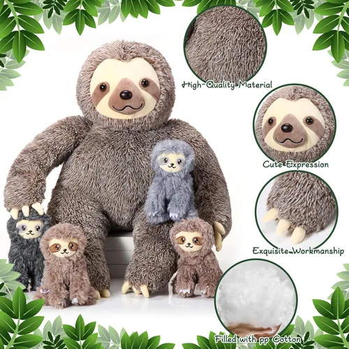 Vista 3 de Kasyat Juego de 5 piezas de animales de peluche de perezoso grande de 13 pulgadas, juguete de peluche con 4 bebés, peluches suaves para niños