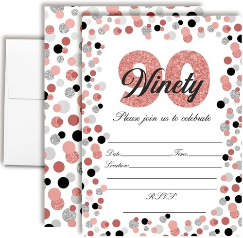 Vista 2 de Fiesta de cumpleaños número 90 de lunares de oro rosa, 20 invitaciones personalizadas, tarjetas de relleno de doble cara de 5 x 7 pulgadas