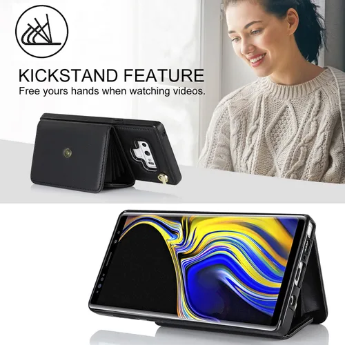 Vista 6 de Asuwish Funda de teléfono para Samsung Galaxy Note 9 con bloqueo RFID, tarjetero para tarjetas de crédito, correa cruzada de muñeca, soporte