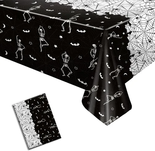 Vista 8 de 3 manteles desechables de Halloween con diseño de calavera y esqueleto, de plástico, color negro, rectangular, de vinilo, para decoración de fiestas