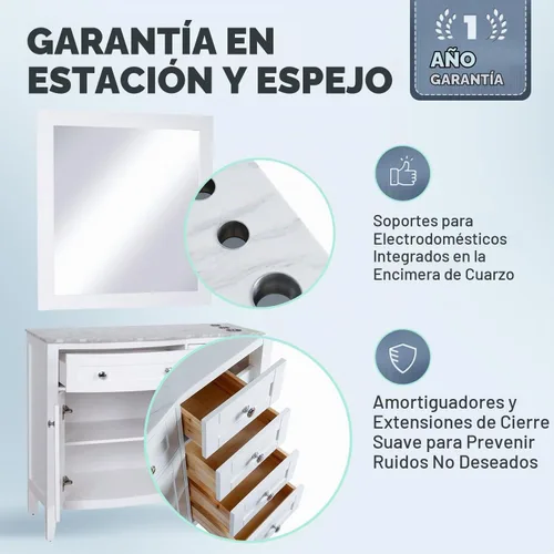 Vista 5 de Buy-Rite Denali - Estación de peluquería de salón de 42 pulgadas y espejo de 40 x 36 pulgadas, acabado blanco, madera maciza, encimera de cuarzo