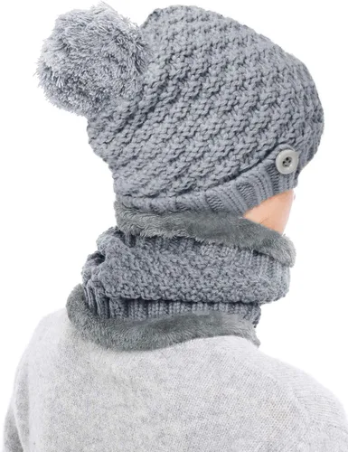 Vista 4 de Gorro de invierno para mujer, conjunto de bufanda y máscara para mujer, grueso y cálido, forro polar, con forro polar, 3 piezas
