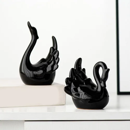 Vista 2 de Estatua de cisne de cerámica para pareja, escultura de mesa de cisne elegante, figura de cisne de porcelana, adorno de cisne de escritorio