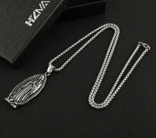 Vista 5 de HZMAN Collar colgante de acero inoxidable con cadena de trigo de acero inoxidable con cadena de trigo de Nuestra Señora de Guadalupe