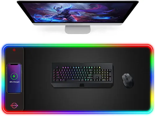 Vista 8 de Alfombrilla de mouse LED RGB con cargador inalámbrico de 15 W, alfombrilla de mouse para juegos con 10 modos de luz, alfombrilla de mouse extra