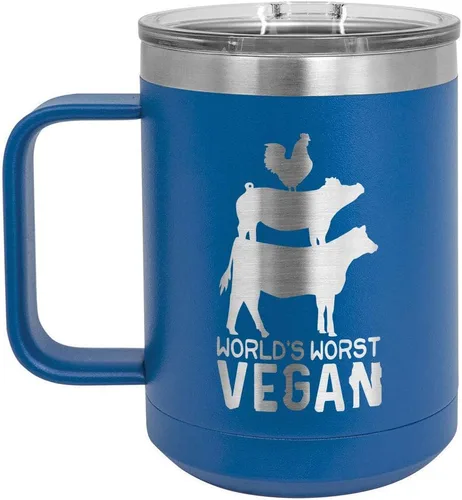 Vista 15 de Worlds Worst - Taza de café vegana negra de 15 onzas con tapa superior deslizante, taza de café de viaje aislada Idea de regalo para barbacoa
