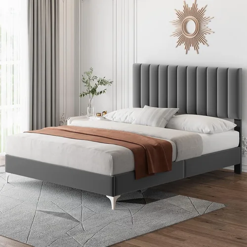 Vista 3 de IDEALHOUSE Base de cama de tamaño matrimonial con cabecera ajustable, plataforma tapizada de terciopelo con soporte de listones de madera,