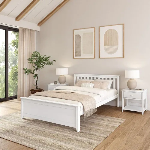 Vista 19 de Plank+Beam - Estructura de cama individual de madera maciza, cama de plataforma con cabecero, arcilla